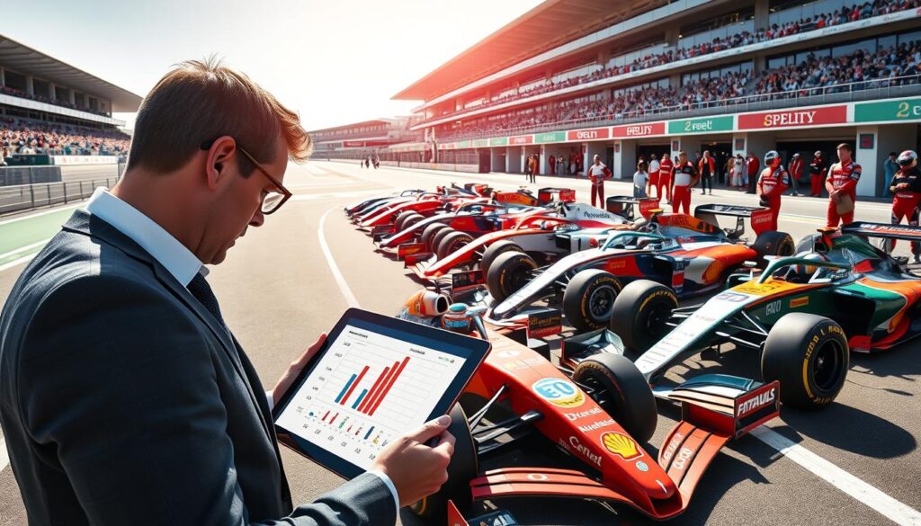 A visual comparison of Formula 1 driver salaries across various teams, depicted in a dynamic and engaging infographic style. In the foreground, a professional business analyst is examining a digital tablet displaying a colorful, interactive graph of team salaries; they are dressed in smart business attire. In the middle ground, several Formula 1 cars from different teams are parked side by side, showcasing distinct logos and designs, with their drivers in matching team uniforms observing from the pit lane. In the background, a vibrant racetrack with spectators and team garages is visible under bright sunlight, creating a competitive yet informative atmosphere. The composition should be sharp, using a wide-angle lens to capture the excitement and diversity of the teams in the world of Formula 1.