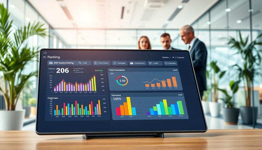 A visually engaging illustration depicting a ranking of popular ERP solutions in the Polish market for 2026. In the foreground, prominently display a sleek, modern digital dashboard with colorful graphs and statistics representing the top ERP solutions. In the middle ground, add professional businesspeople in smart attire engaged in discussion, analyzing the dashboard, showcasing collaboration. The background features a bright, stylish office environment filled with natural light, with glass walls and plants to create an inviting atmosphere. Use soft, diffused lighting to evoke a sense of professionalism and dynamism. Capture a slightly angled perspective to emphasize the dashboard and the engaged individuals, creating a sense of action and insight in the world of ERP systems.