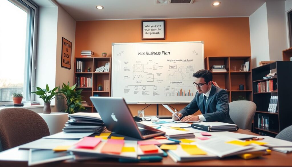 A well-organized office setting, showcasing a professional consultant in business attire diligently writing a business plan. The foreground features a desk cluttered with documents, a laptop, and colorful sticky notes outlining ideas. In the middle, a large whiteboard displays charts and diagrams related to business strategy, while a framed inspiration quote hangs on the wall. The background reveals shelves filled with books on entrepreneurship and a large window allowing natural light to flood the room, creating a bright and inviting atmosphere. The color scheme is warm and professional, with soft ambient lighting that enhances focus and creativity. The overall mood conveys seriousness and determination, ideal for illustrating the process of writing a comprehensive business plan.