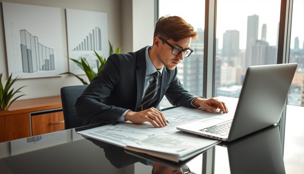 A young architect in their early twenties, dressed in professional business attire, is working intently at a sleek, modern desk adorned with blueprints and architectural sketches. In the foreground, a laptop displays design software, casting a soft glow. In the middle, motivational architectural posters and green plants create a creative workspace atmosphere. In the background, a large window reveals a bustling city skyline, symbolizing growth and opportunity in the architecture field. The scene is well-lit with natural light streaming in, enhancing a productive mood. The angle is slightly elevated, capturing both the architect's concentration and the vibrant environment. The overall atmosphere conveys ambition and the potential for success in a competitive industry. A young architect in their early twenties, dressed in professional business attire, is working intently at a sleek, modern desk adorned with blueprints and architectural sketches. In the foreground, a laptop displays design software, casting a soft glow. In the middle, motivational architectural posters and green plants create a creative workspace atmosphere. In the background, a large window reveals a bustling city skyline, symbolizing growth and opportunity in the architecture field. The scene is well-lit with natural light streaming in, enhancing a productive mood. The angle is slightly elevated, capturing both the architect's concentration and the vibrant environment. The overall atmosphere conveys ambition and the potential for success in a competitive industry.