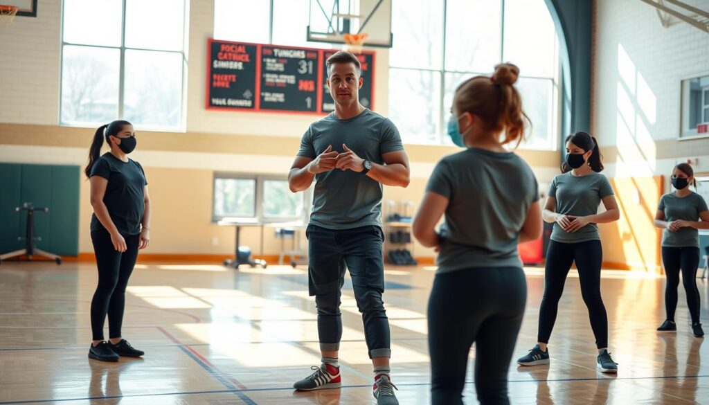 An athletic physical education teacher, wearing professional but casual attire, stands in a gymnasium during the pandemic. The teacher is demonstrating exercises to a small group of masked students, who are spaced apart on the gym floor, illustrating social distancing measures. Bright, natural lighting floods in through large windows, creating a warm atmosphere. In the background, gym equipment is neatly arranged, and motivational posters are visible on the walls. The focus is on the teacher's engaging expression and the students' enthusiastic participation despite the pandemic's challenges. A sense of resilience and adaptability is palpable, capturing the mood of the educational environment during these unprecedented times. An athletic physical education teacher, wearing professional but casual attire, stands in a gymnasium during the pandemic. The teacher is demonstrating exercises to a small group of masked students, who are spaced apart on the gym floor, illustrating social distancing measures. Bright, natural lighting floods in through large windows, creating a warm atmosphere. In the background, gym equipment is neatly arranged, and motivational posters are visible on the walls. The focus is on the teacher's engaging expression and the students' enthusiastic participation despite the pandemic's challenges. A sense of resilience and adaptability is palpable, capturing the mood of the educational environment during these unprecedented times.