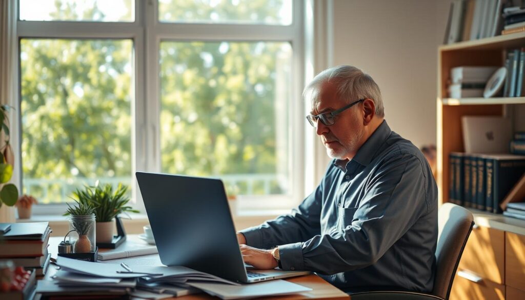 An elderly man working part-time at a cozy, well-lit office. He’s sitting at a desk cluttered with papers, a laptop open in front of him. The man is dressed in smart casual attire, wearing glasses, deeply focused on his work. In the background, a window reveals a bright, sunny day outside, with green trees swaying gently. On one side of the room, a shelf holds books about finance and retirement. The atmosphere is relaxed and inspiring, suggesting both diligence and contentment. Soft natural light floods the room, creating a warm and inviting ambiance. Capture a medium shot from a slightly elevated angle to highlight both the man and his surroundings.