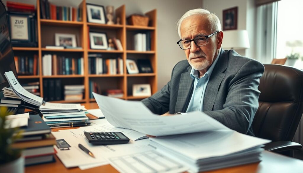 An elderly person, a retired man, sitting at a neatly organized desk cluttered with financial documents and a calculator, showing a look of concentration and responsibility. He's wearing professional business attire, including a blazer and glasses, reflecting a serious approach to financial matters. The background features a cozy home office with a bookshelf filled with finance books and family photos, suggesting a blend of personal and professional life. Soft, warm lighting filters through a window, creating a calm atmosphere. The camera angle is at eye level, focusing on the man's thoughtful expression as he reviews his income reports for ZUS, symbolizing the importance of financial accountability in retirement.