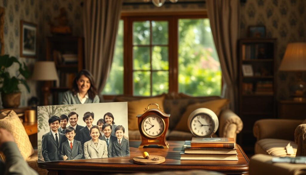 An emotionally charged scene set in a cozy, vintage living room that encapsulates the essence of "stawka większa niż życie." In the foreground, a family photo featuring a group of diverse individuals in smart business attire, smiling warmly, symbolizes roots and heritage. The middle layer showcases a beautifully arranged table with traditional family heirlooms, such as a vintage clock and old books, emphasizing lineage and wisdom. In the background, a softly lit window reveals a lush garden, symbolizing growth and stability. The lighting is warm and inviting, casting gentle shadows to enhance the depth. The overall atmosphere is nostalgic yet uplifting, reflecting a strong sense of family legacy and connection.
